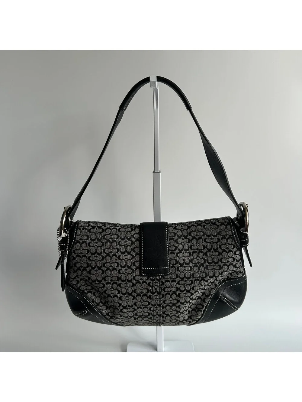 Coach Soho Black Grey Signature Monogram Shoulder Bag Leather Trim Buckle Purse